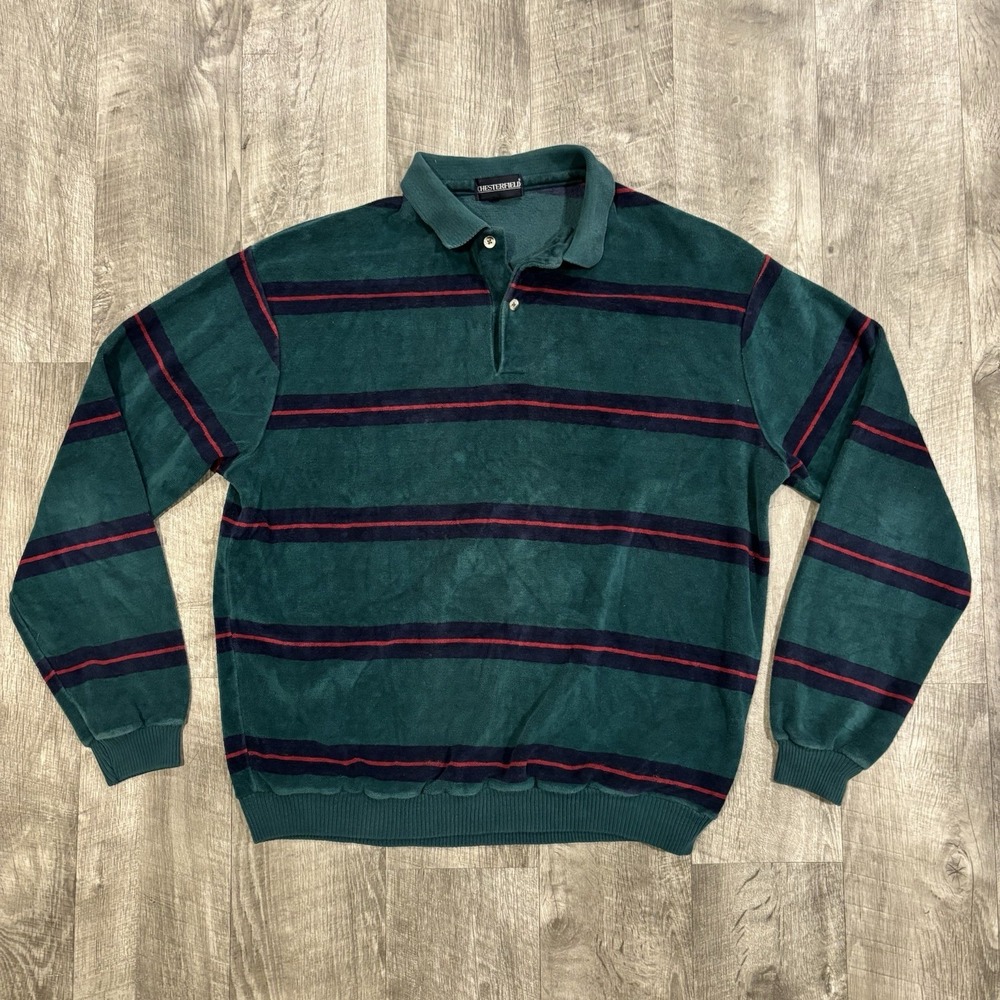 Vintage Rugby Polo Shirt Chesterfield Striped Men's M Velour Green Preppy Ivy